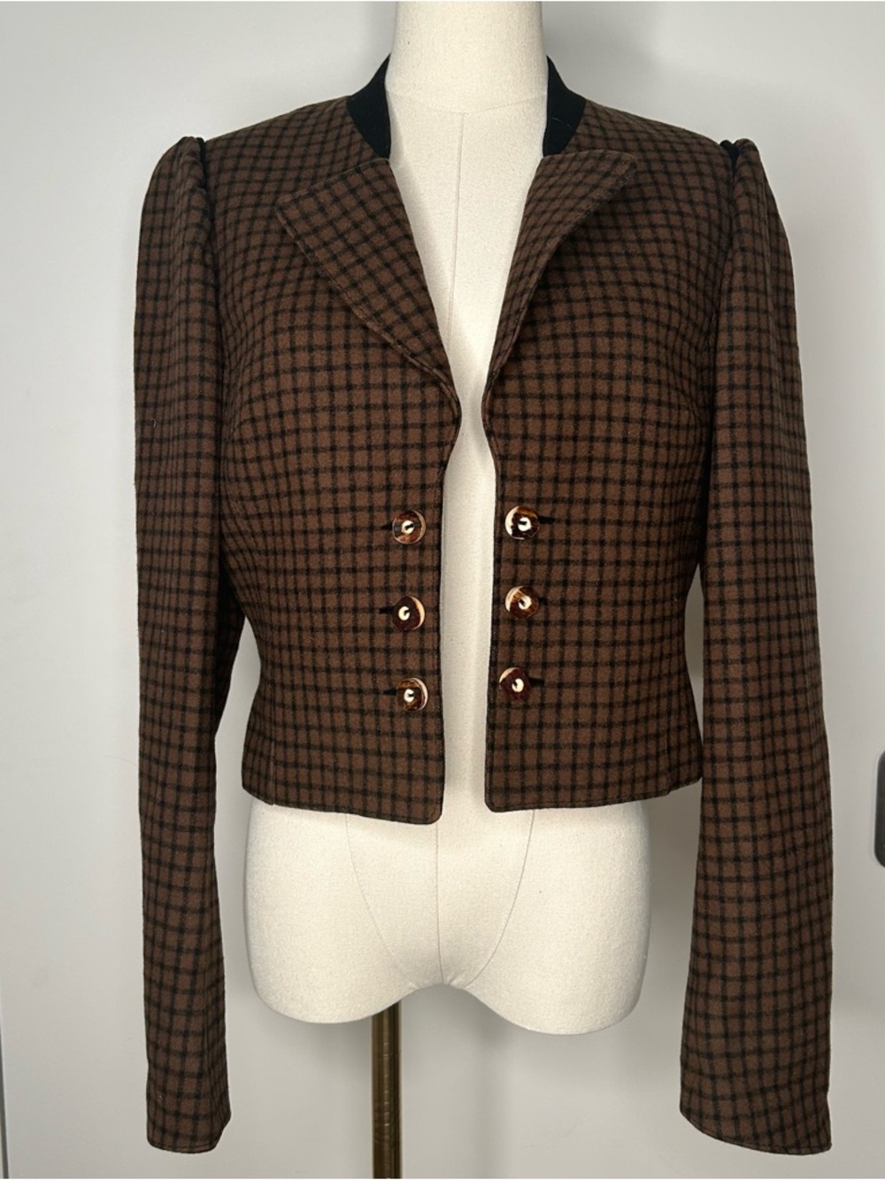 Vintage Brown Checked Wool Cropped Women's Blazer Coat